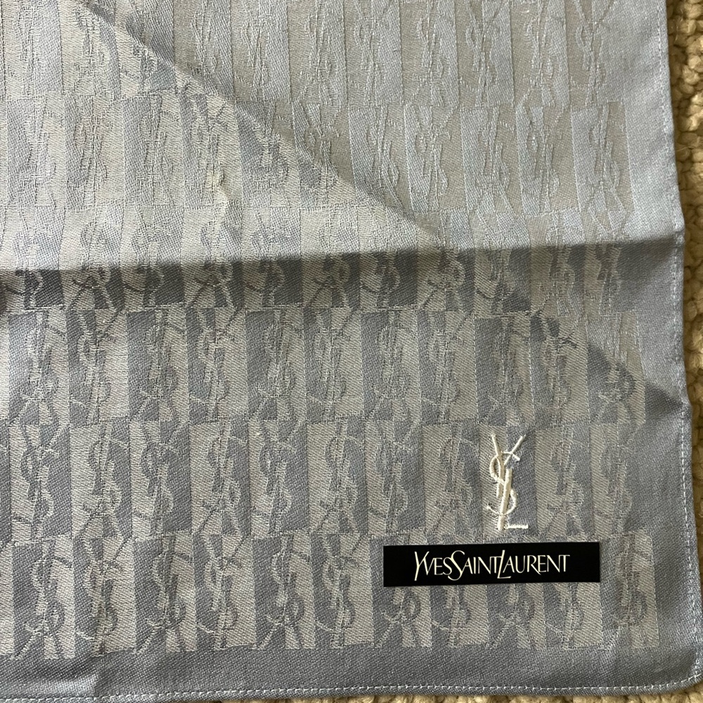 New Yves Saint Laurent Pocket Square Bandana Handkerchief Scarf YSL Logo Grey